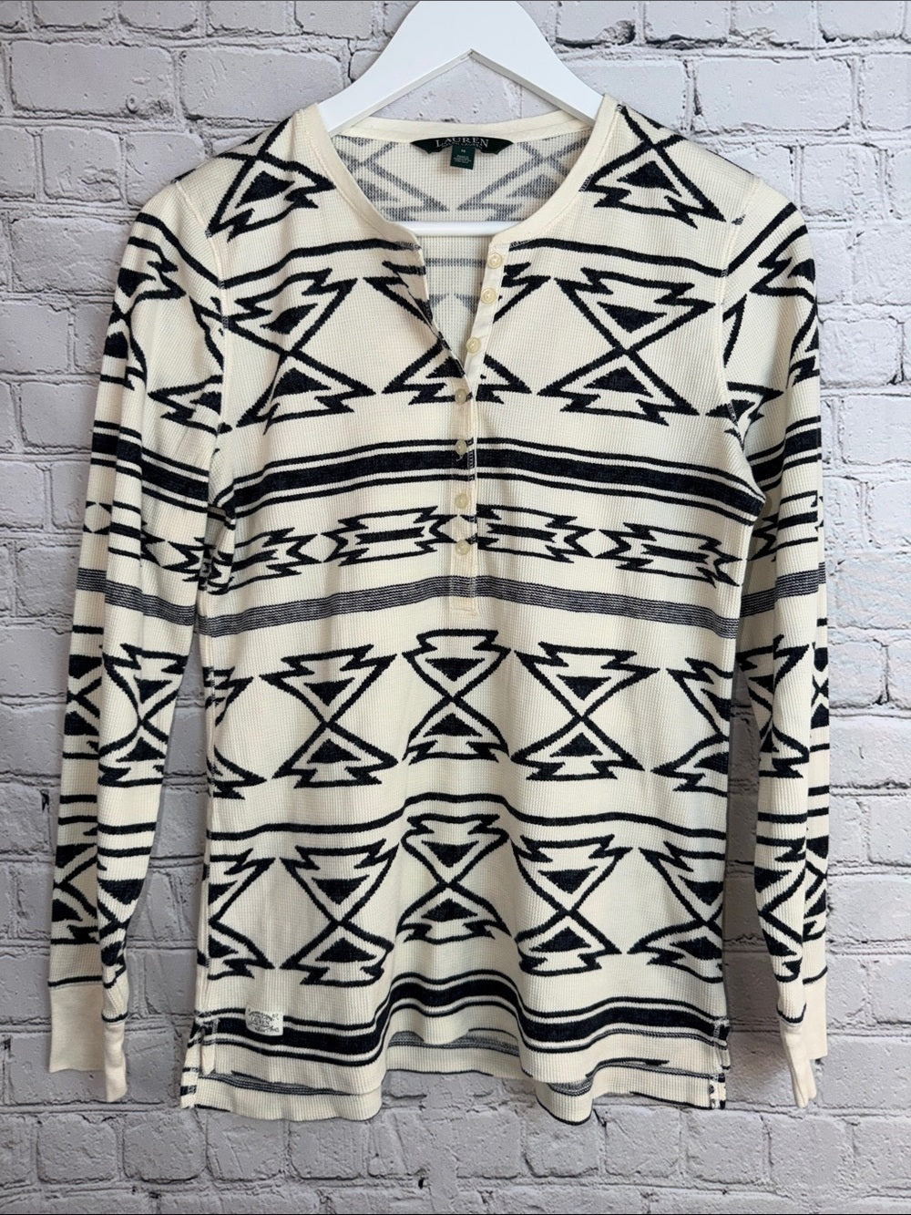 RALPH LAUREN Indigo Blue Cream Thermal Henley Waffle Knit Long Sleeve Top M