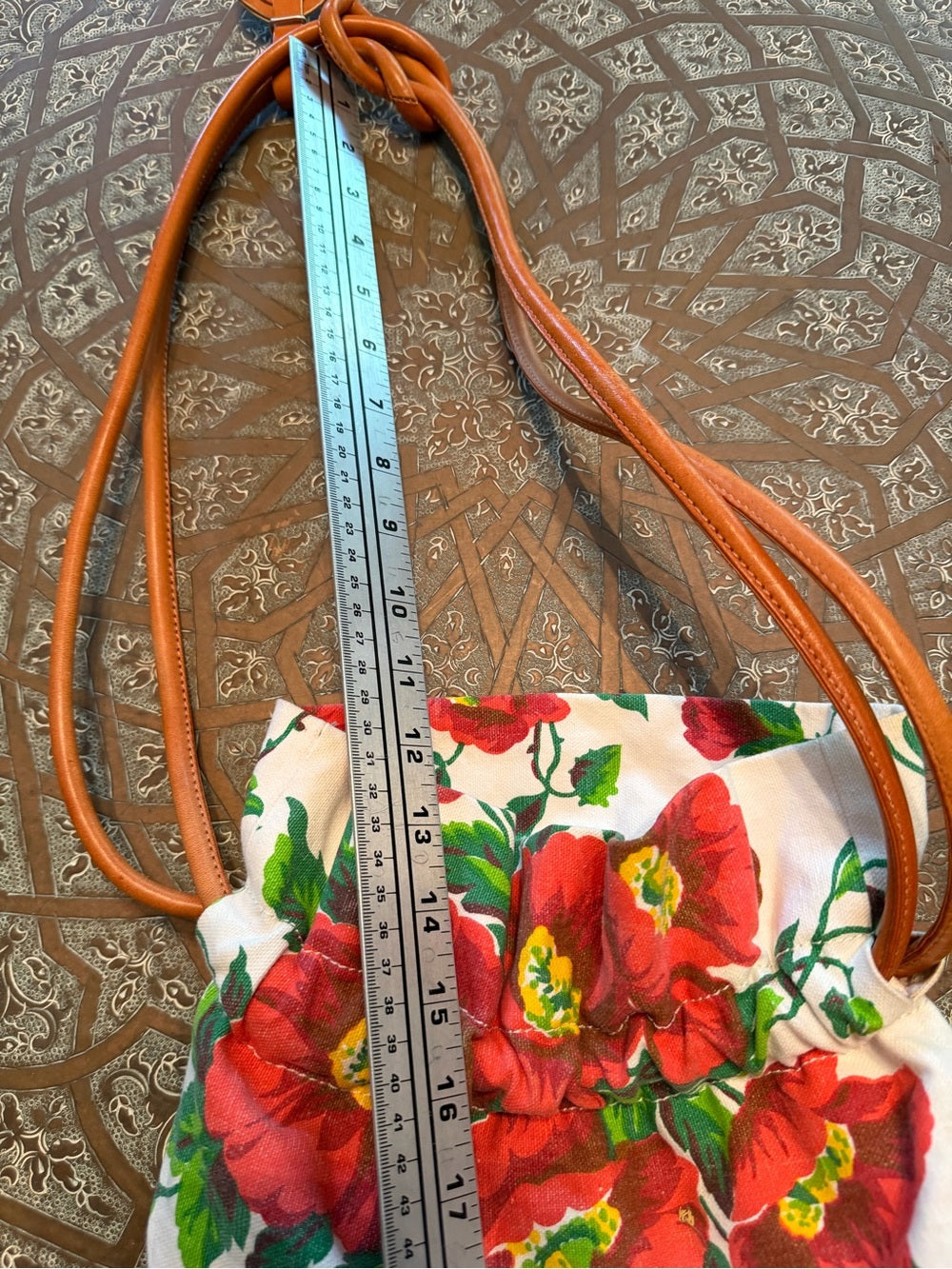 DKNY Red Floral Canvas Crossbody with Tan Leather Strap