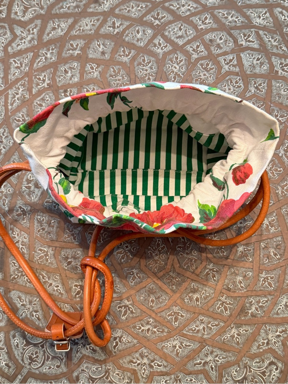 DKNY Red Floral Canvas Crossbody with Tan Leather Strap