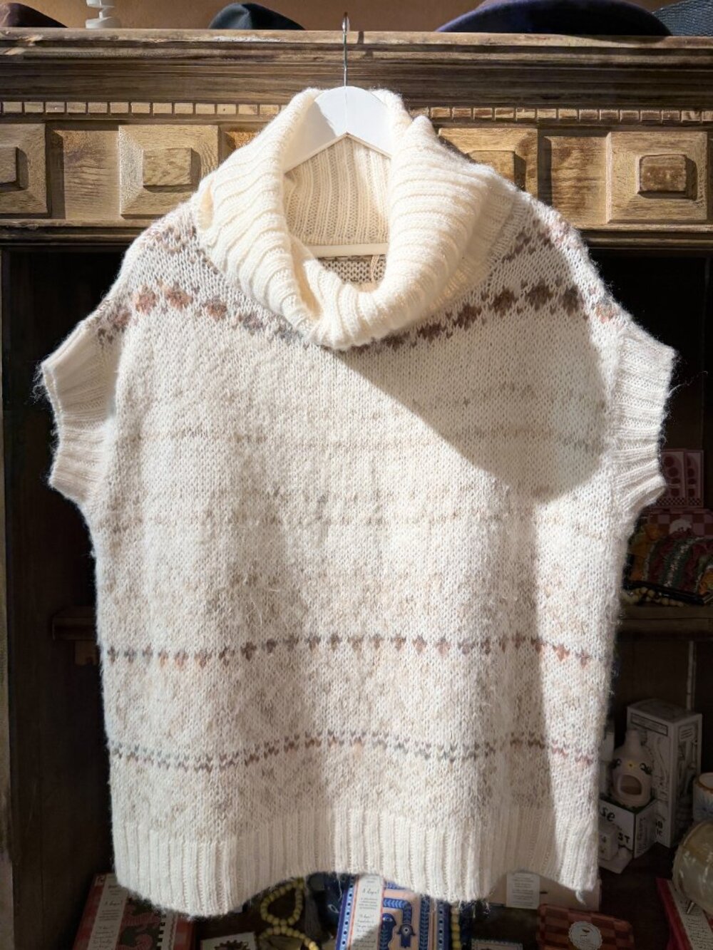 FREE PEOPLE Snow Bunny Fair Isle Sweater Vest Cowl Neck Tunic Ivory Combo