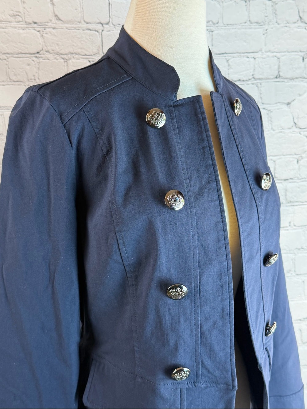 NAVY NAPOLEON JACKET Military Inspired Open Front Embellished Buttons Tailored