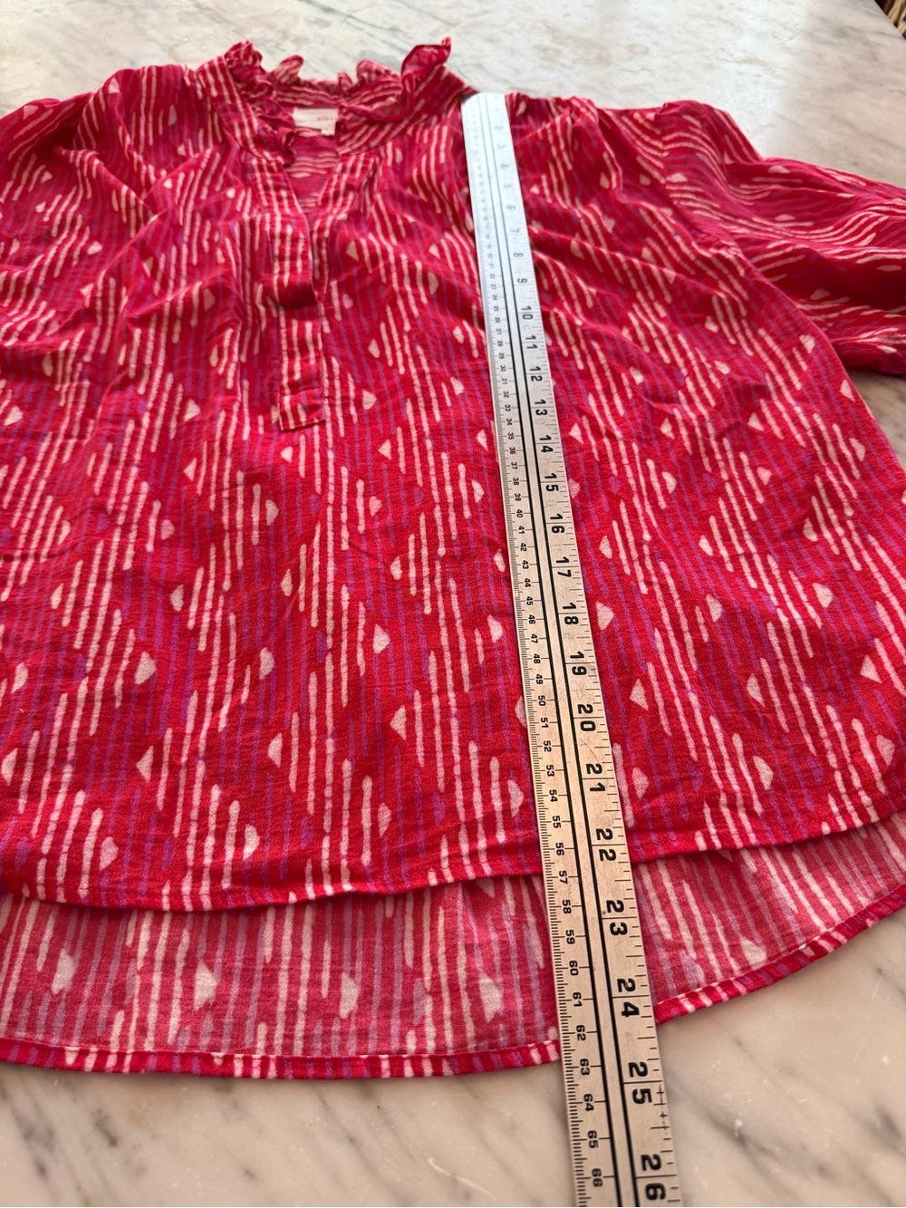 XIRENA Pink Red Aztec V Neck Cotton Blouse Balloon Sleeve M