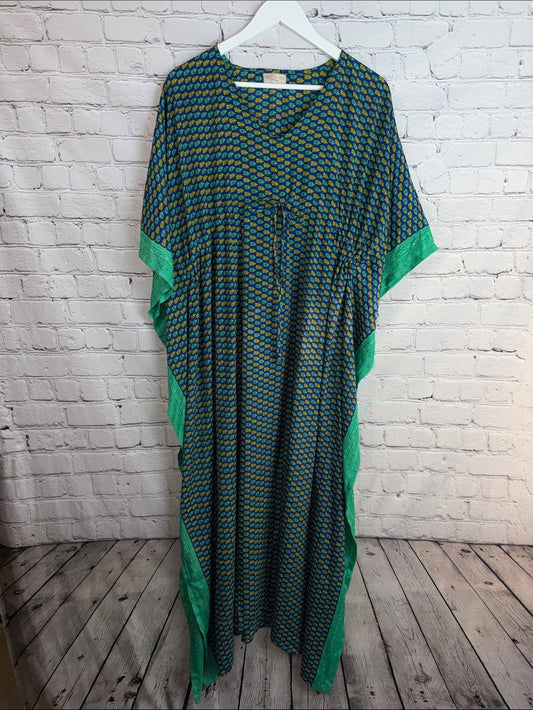 SOL LA VIE Boho Caftan Dress Blue Aqua Green Printed Resort Cover Up