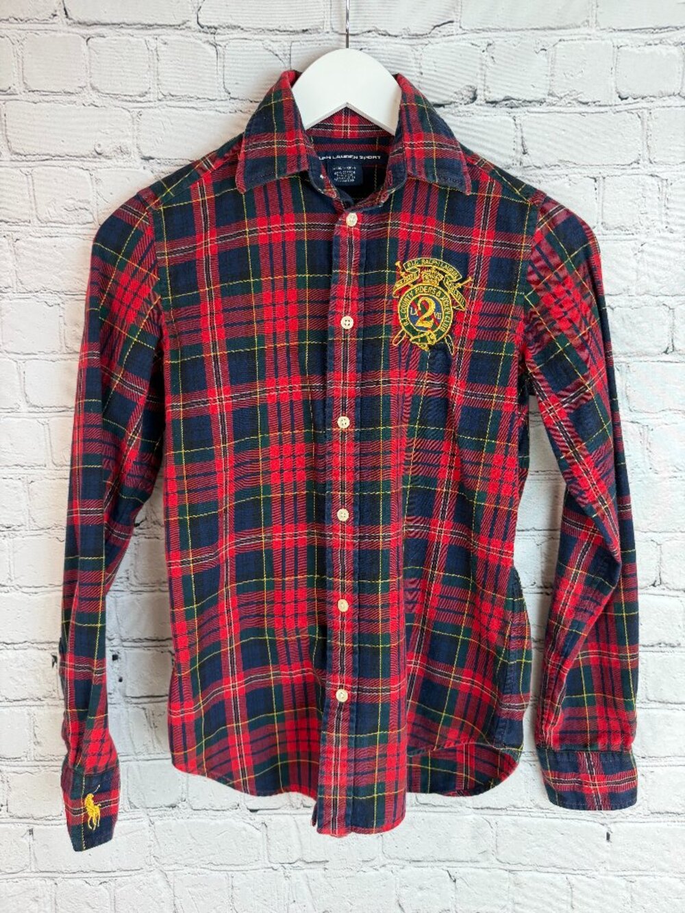 RALPH LAUREN SPORT Red Plaid Button Front Crest Logo Shirt Equestrian Prep 4