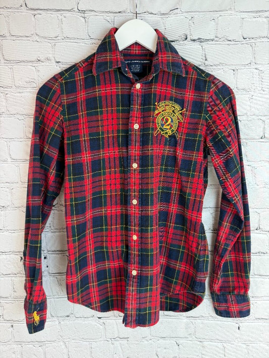 RALPH LAUREN SPORT Red Plaid Button Front Crest Logo Shirt Equestrian Prep 4
