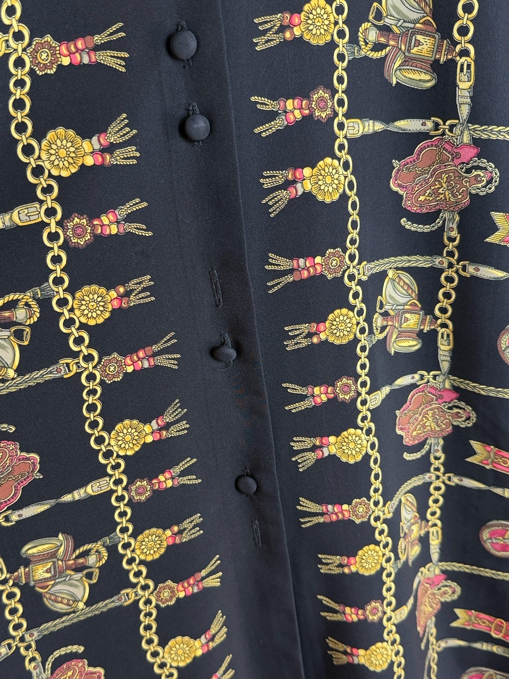 TESS Vintage Black Gold Chain Medallion Print Blouse Button Up M