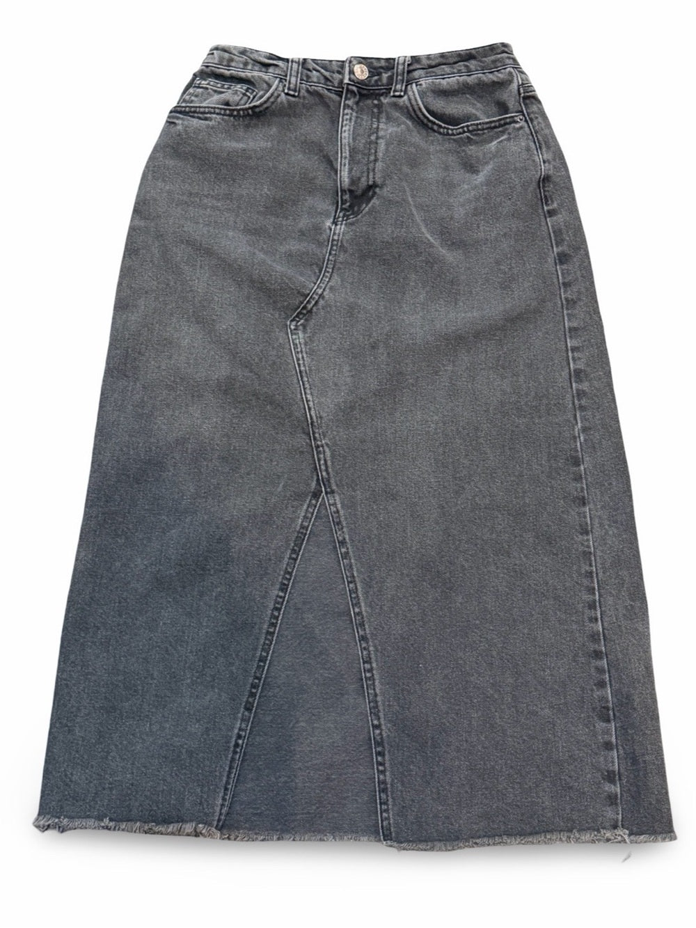 TOPSHOP MOTO Washed Black Denim Maxi Column Skirt High Rise Raw Hem 10