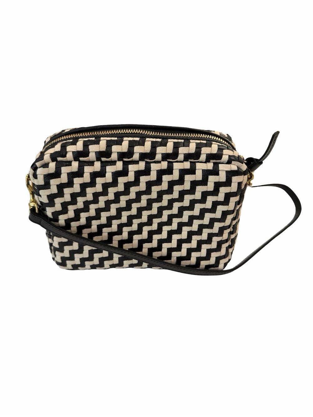 CLARE V Midi Sac Bag Black & Cream Woven Crossbody Pouch