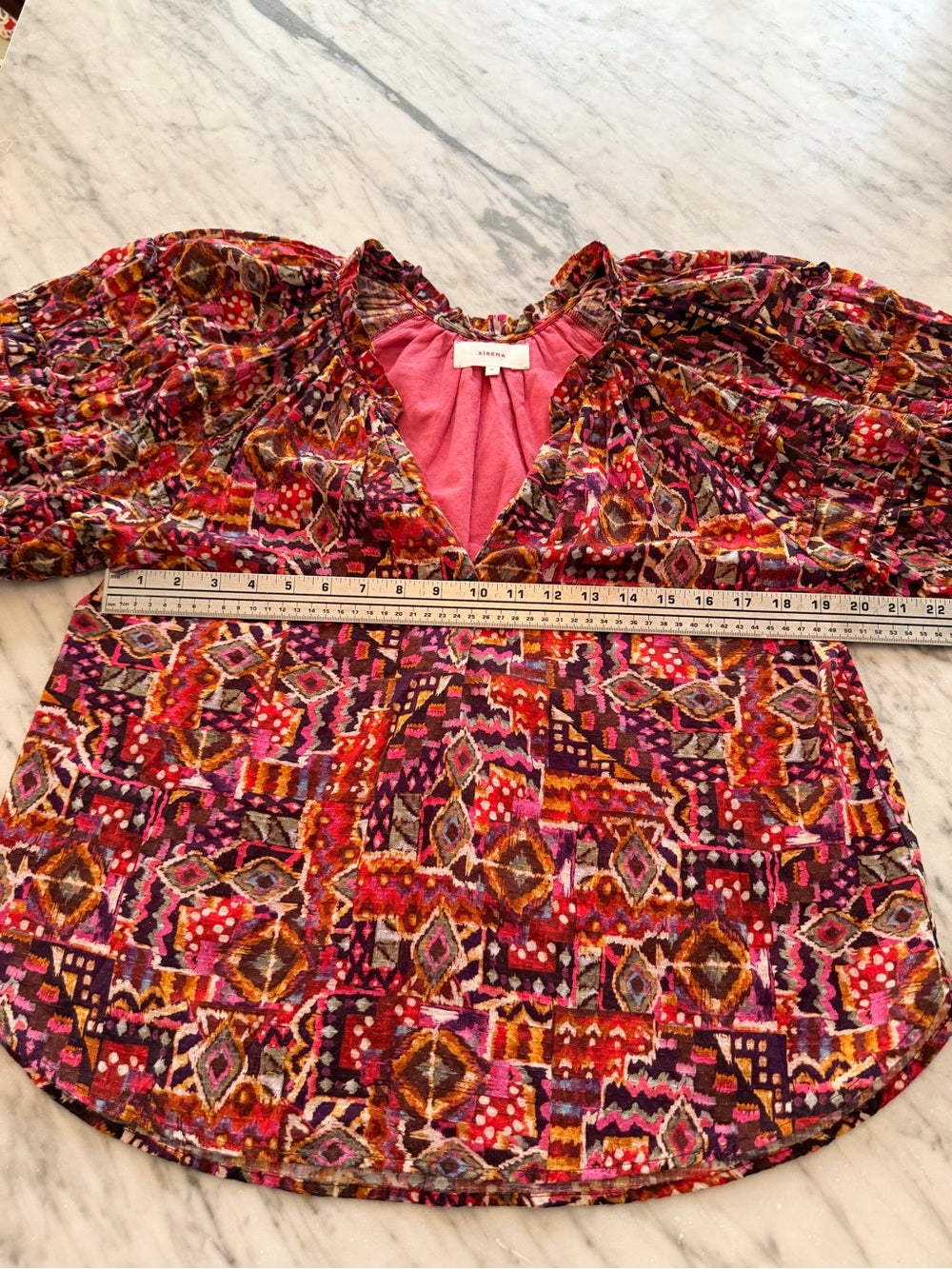 XIRENA Multicolor Geometric Blouse Puff Sleeve Lined Boho Chic M
