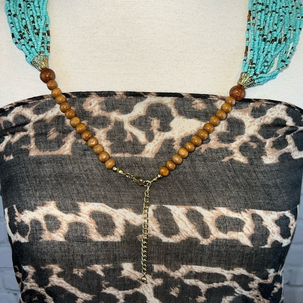 INDONESIAN Turquoise‎ Bronze Seed Bead Boho Necklace Wood Beads w/Clasp