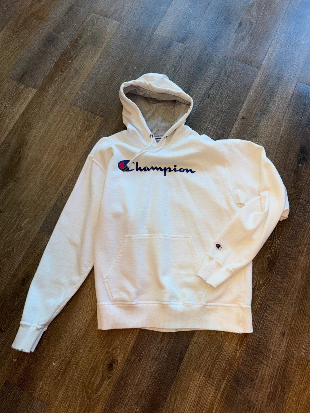 CHAMPION White Blue Script Logo Embroidered Pullover Hoodie Men's Unisex Size L