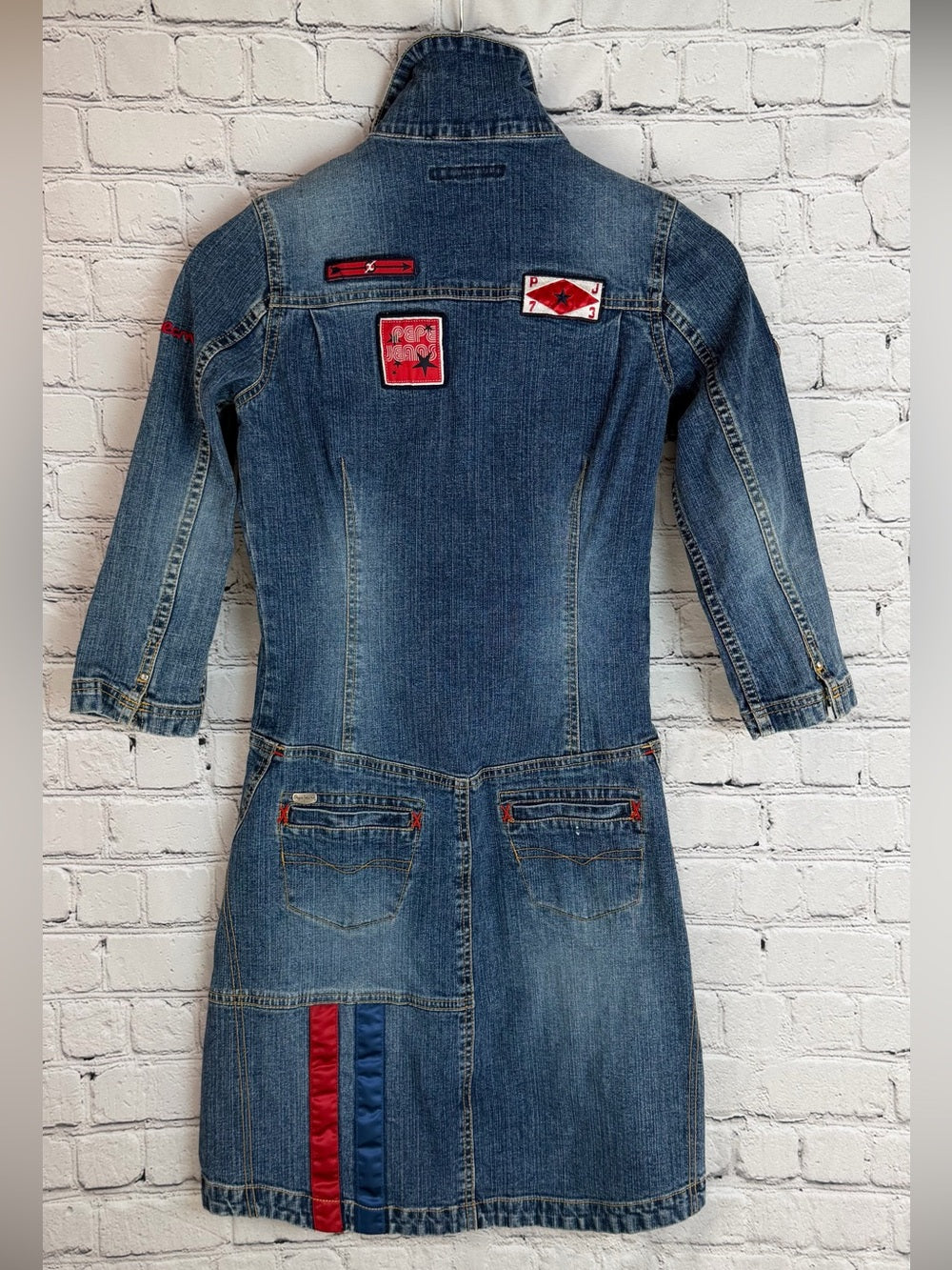 Pepe Jeans London Denim Mini Dress | Y2K Patchwork Stretch Jean Dress