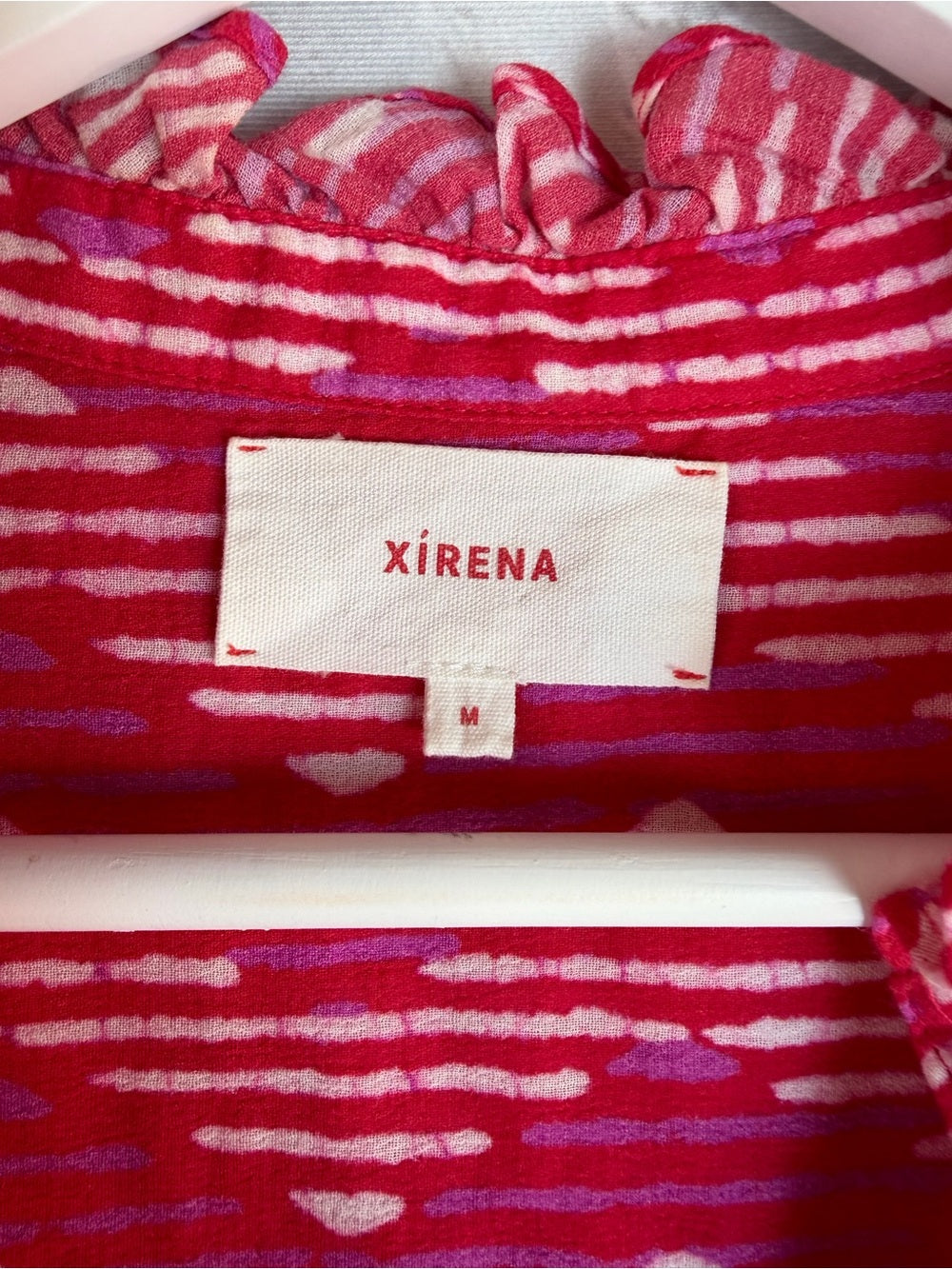 XIRENA Pink Red Aztec V Neck Cotton Blouse Balloon Sleeve M
