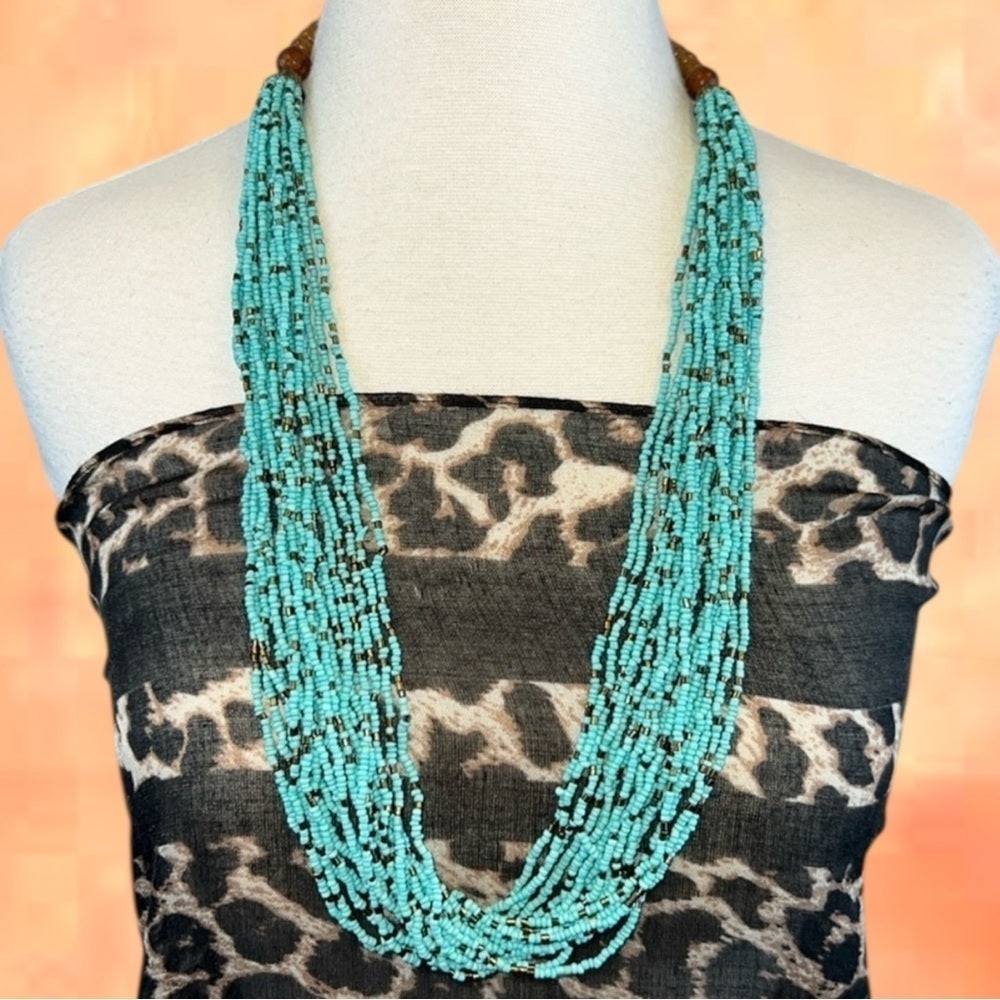 INDONESIAN Turquoise‎ Bronze Seed Bead Boho Necklace Wood Beads w/Clasp