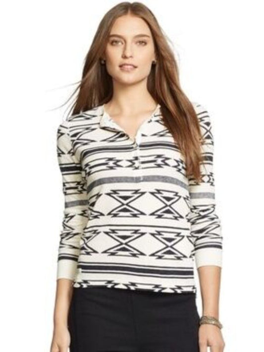 RALPH LAUREN Indigo Blue Cream Thermal Henley Waffle Knit Long Sleeve Top M