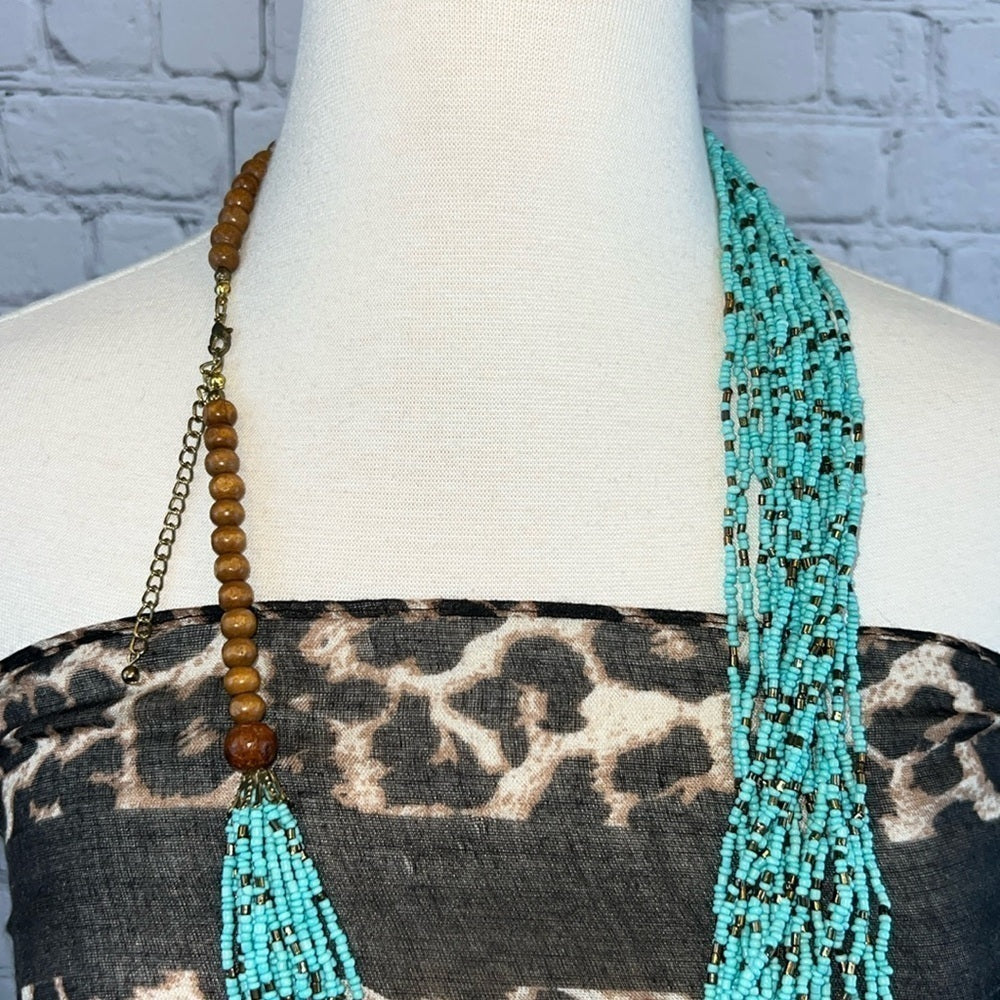 INDONESIAN Turquoise‎ Bronze Seed Bead Boho Necklace Wood Beads w/Clasp