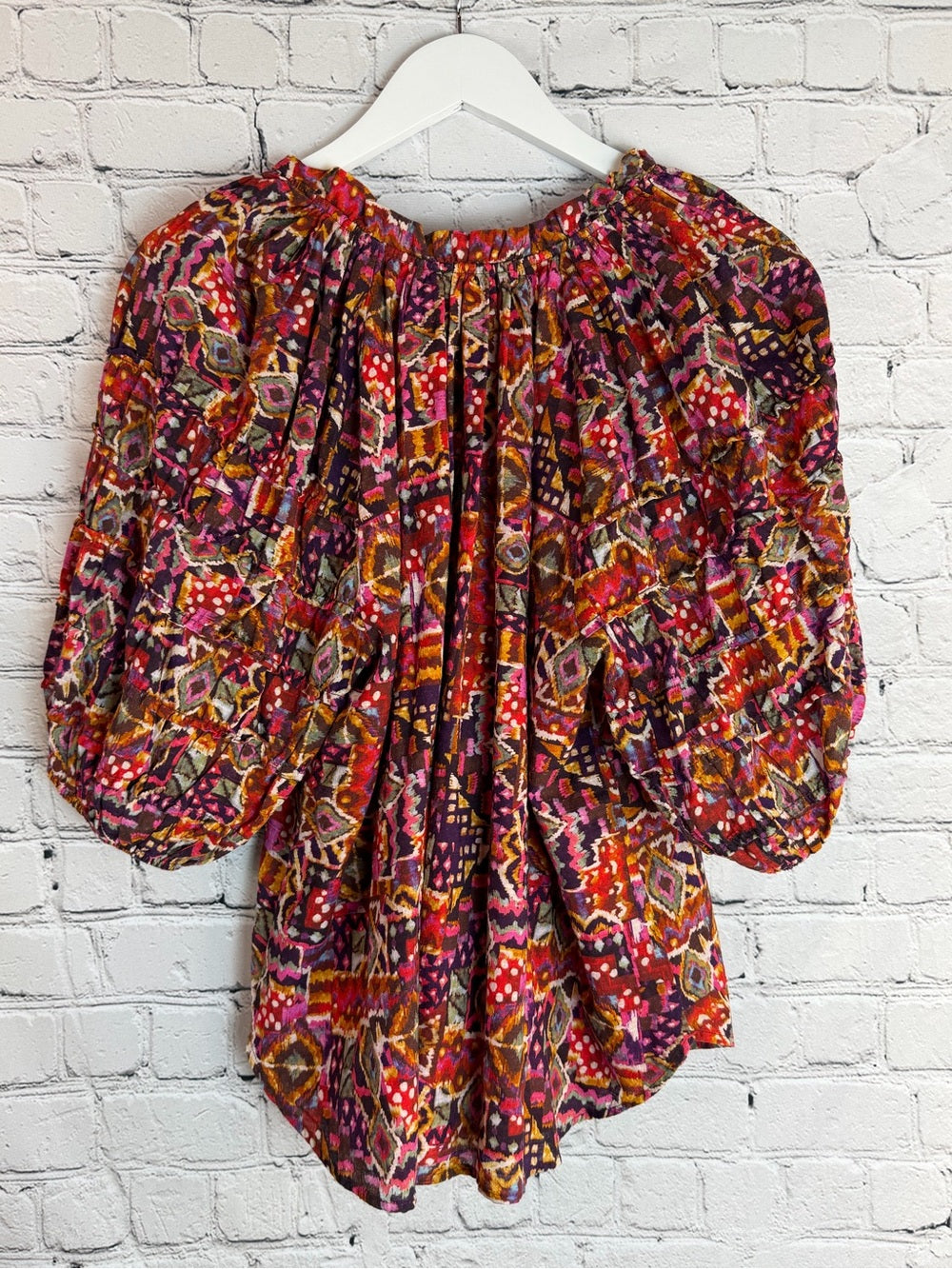XIRENA Multicolor Geometric Blouse Puff Sleeve Lined Boho Chic M