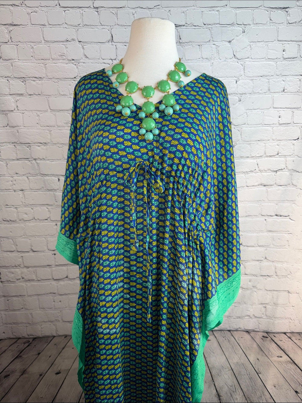 SOL LA VIE Boho Caftan Dress Blue Aqua Green Printed Resort Cover Up
