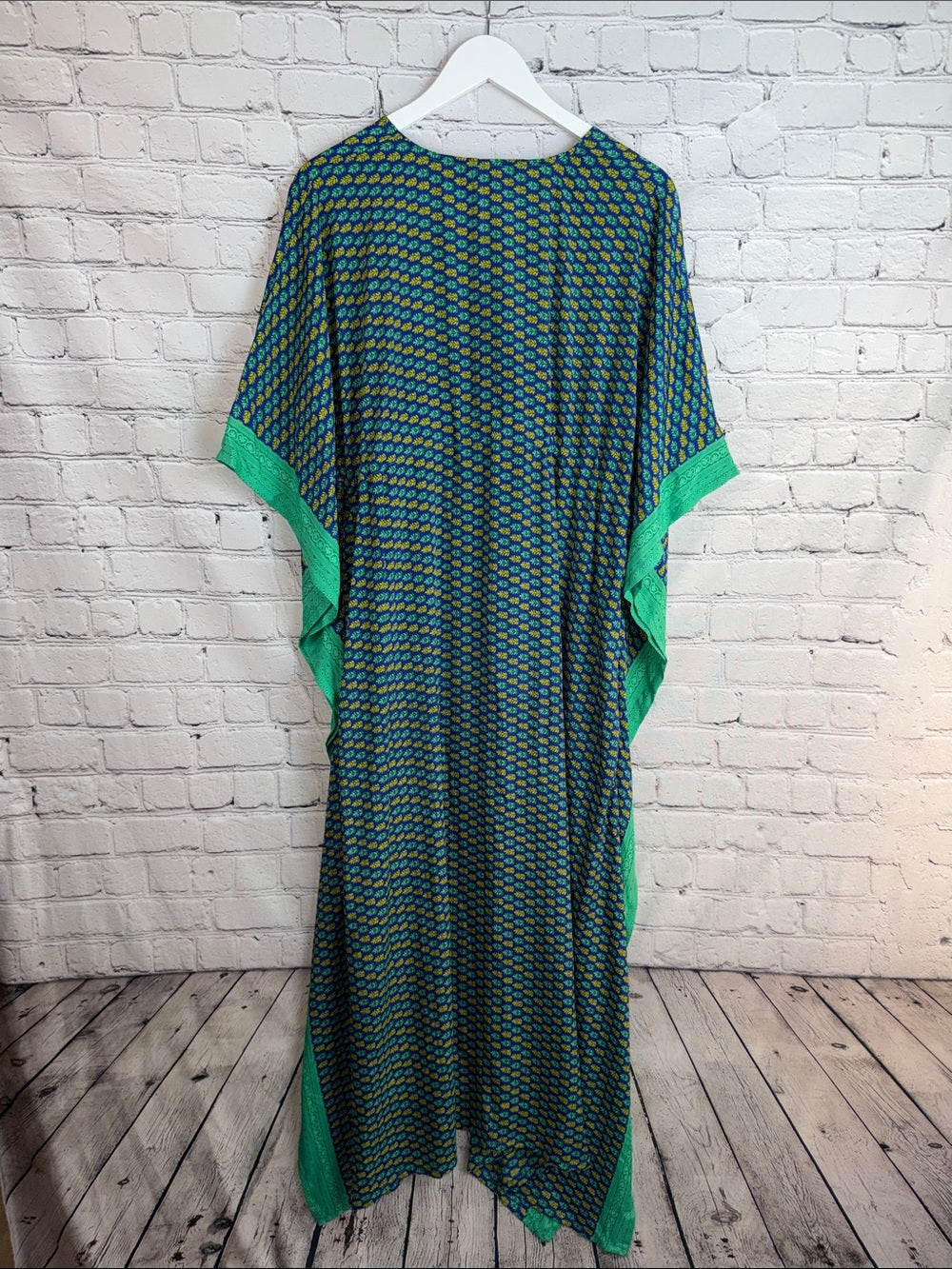 SOL LA VIE Boho Caftan Dress Blue Aqua Green Printed Resort Cover Up