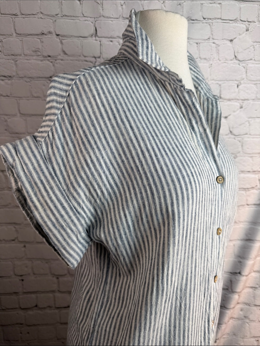 CABANA BY Casa Cabana Linen Blend Ivory & Blue Striped Shirt Dress | Coastal XS