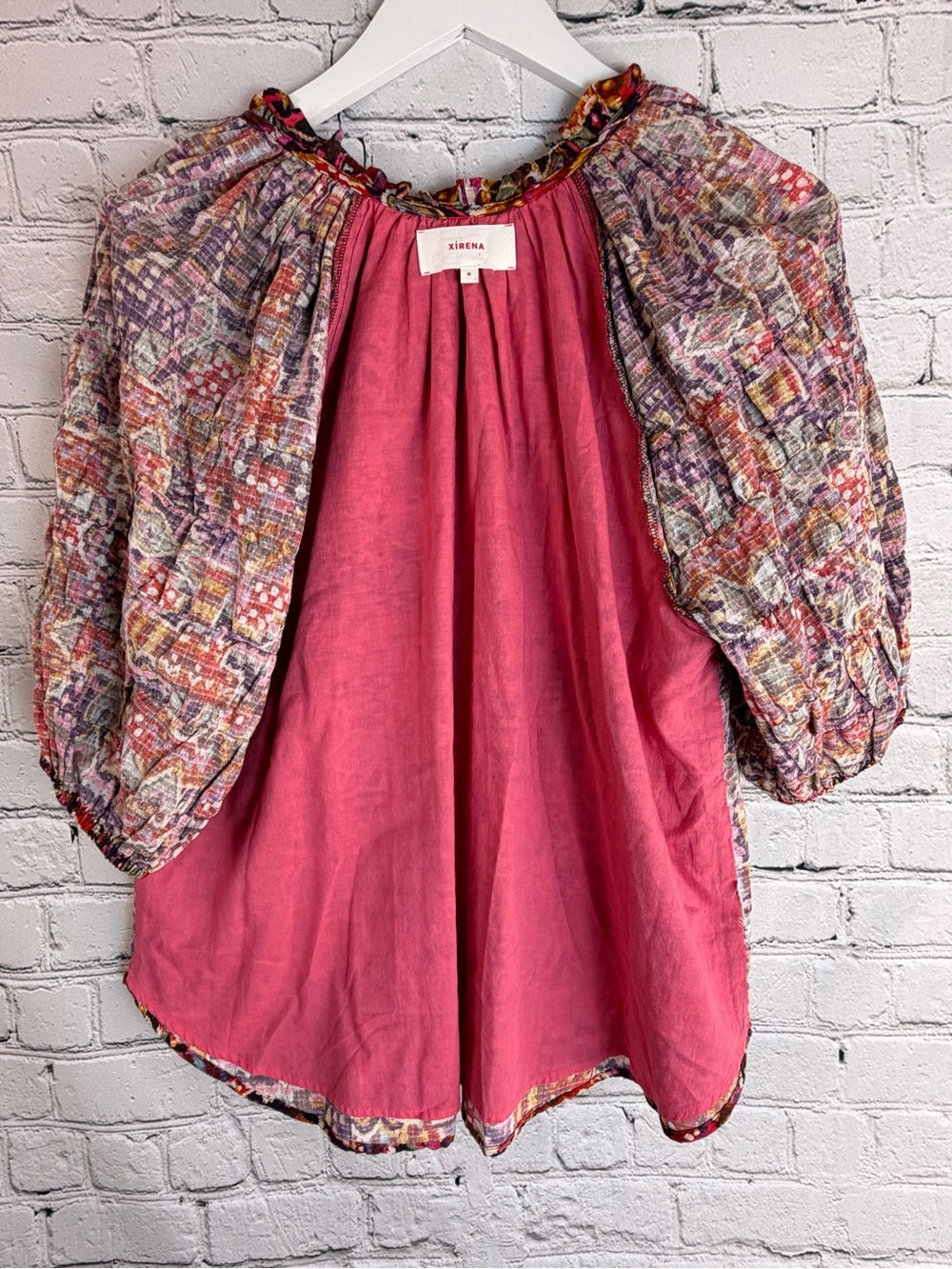 XIRENA Multicolor Geometric Blouse Puff Sleeve Lined Boho Chic M