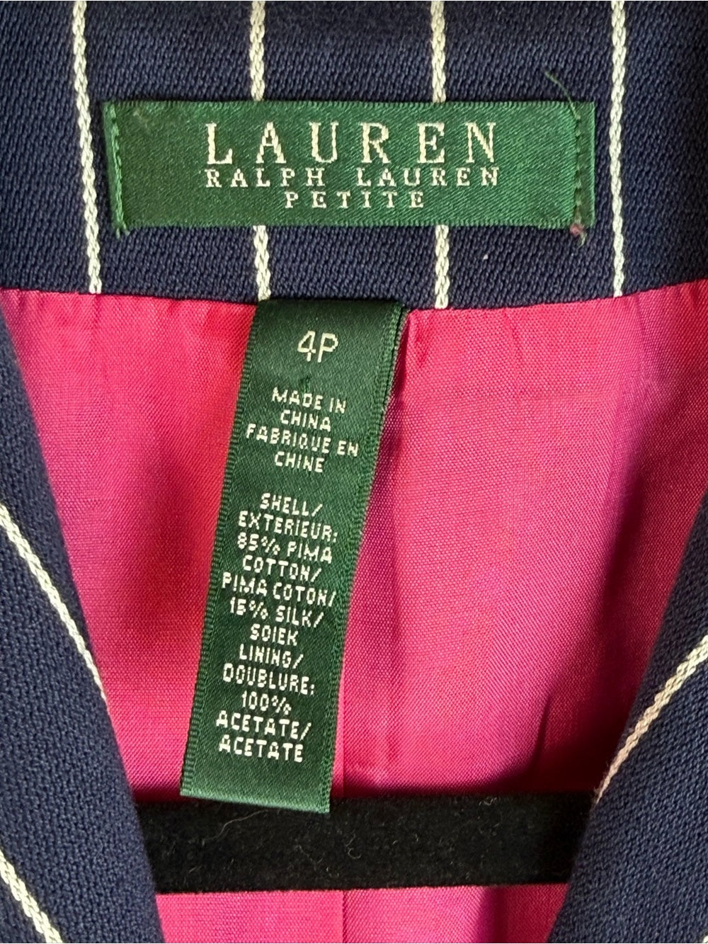 RALPH LAUREN Navy Pinstripe Crest Blazer Jacket Size 4P Preppy Equestrian