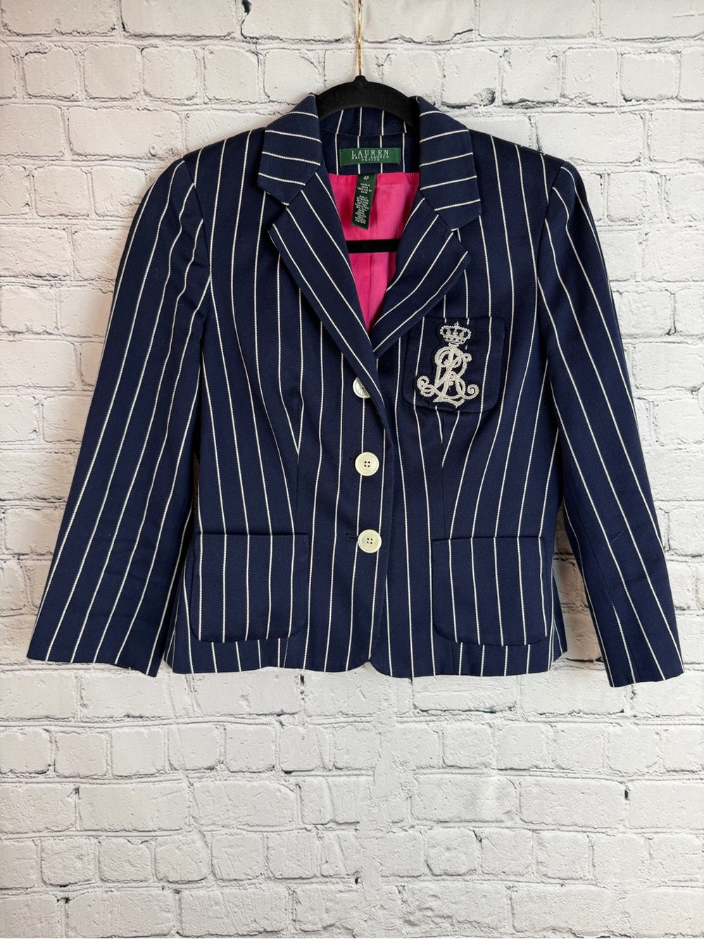 RALPH LAUREN Navy Pinstripe Crest Blazer Jacket Size 4P Preppy Equestrian