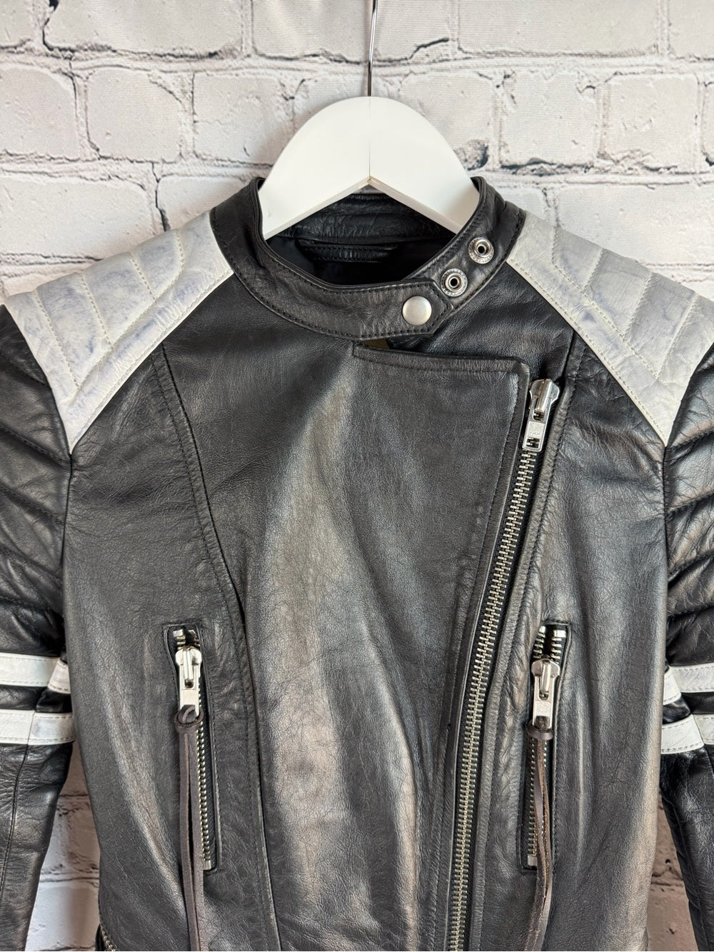 Rare Ralph Lauren Distressed Moto Leather Jacket Black/White Striped