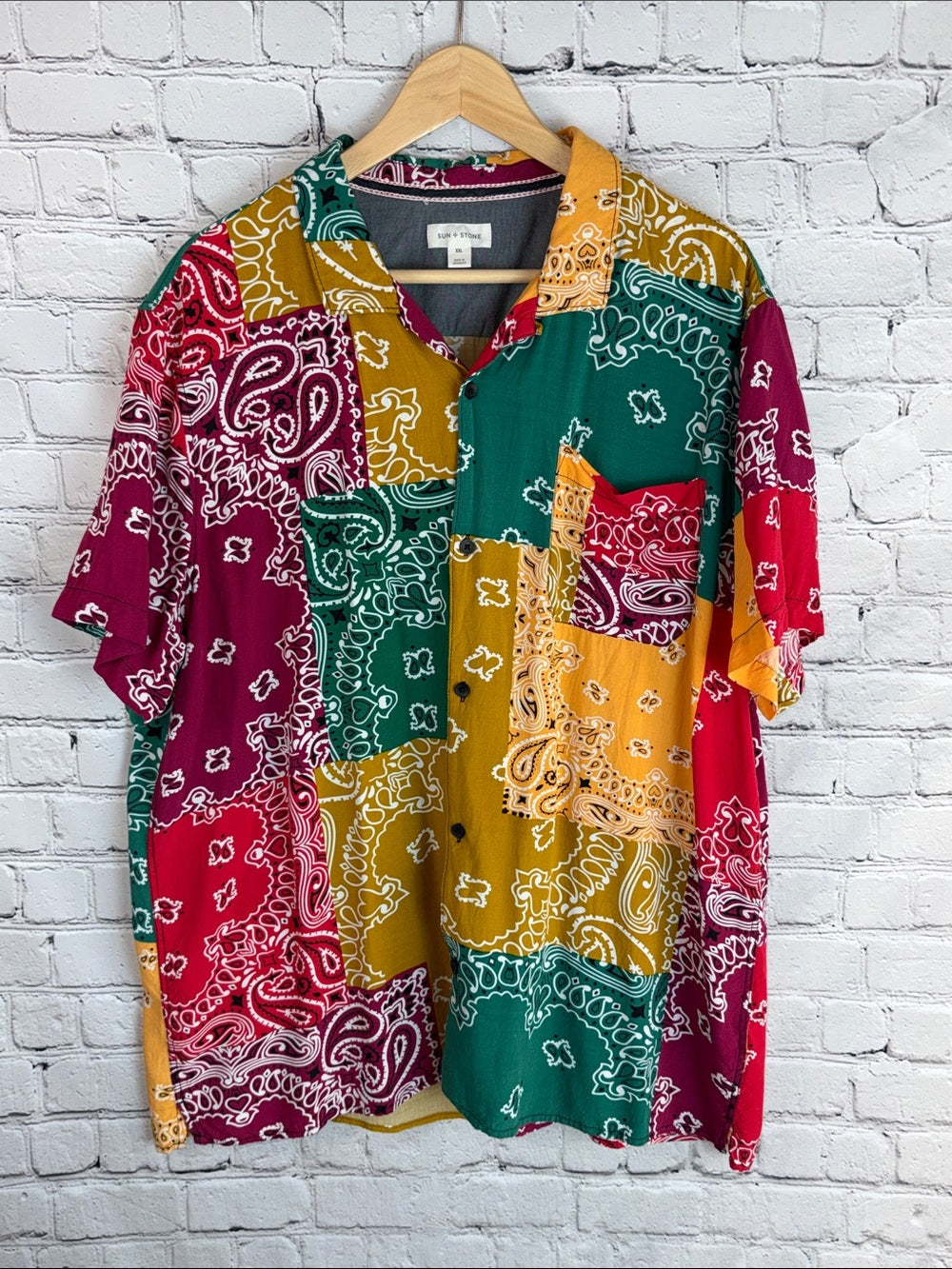 SUN + STONE Colorblock Bandana Print Short Sleeve Shirt - Multi