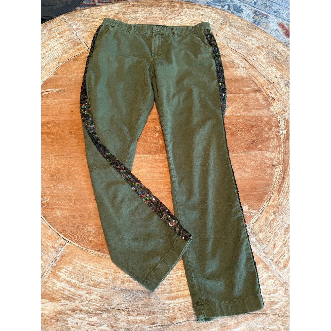 J CREW Sequin Side Stripe Chino Pants Olive Green Straight Leg