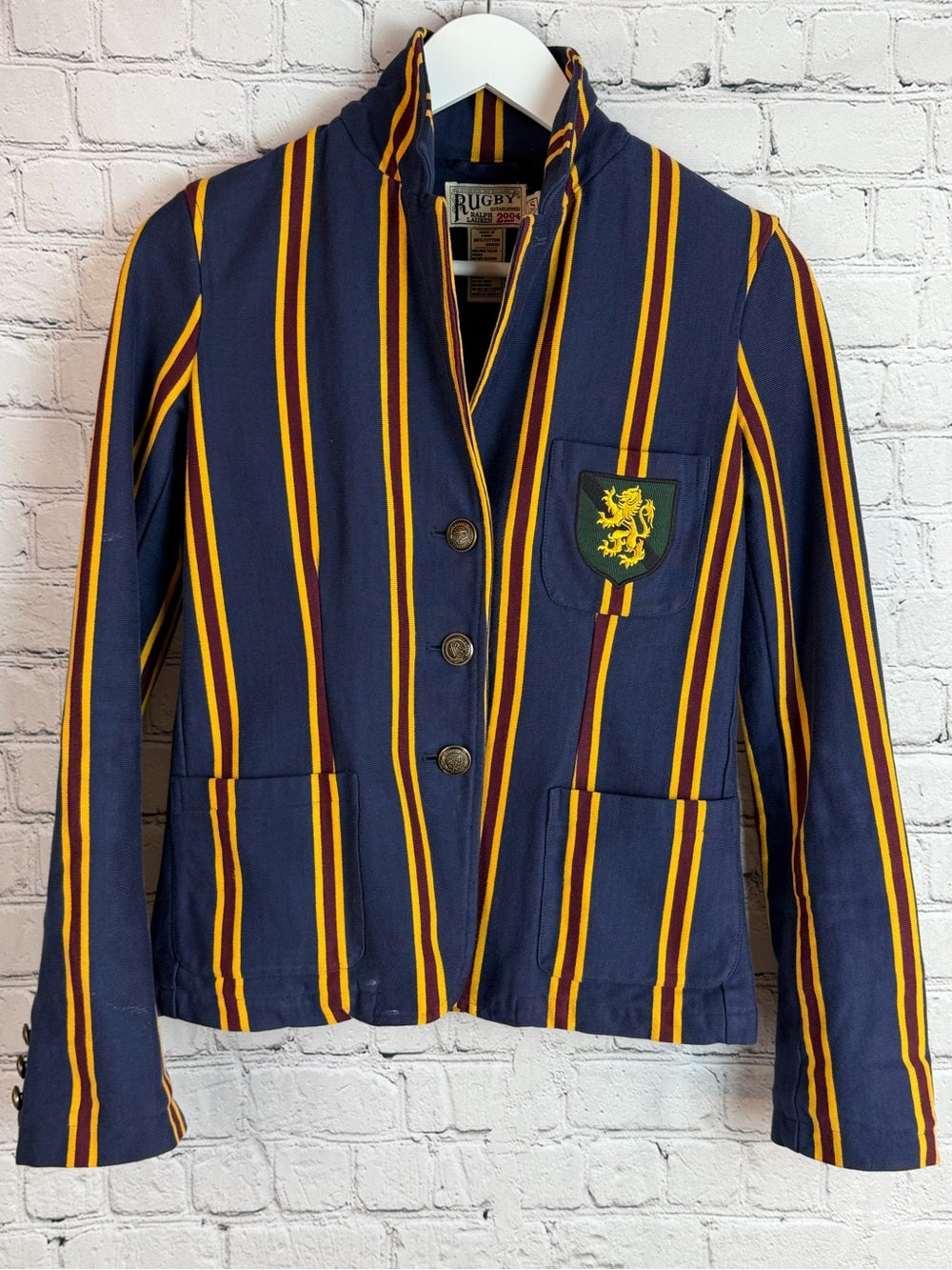 Rugby Ralph Lauren 2004 Crest Striped Knit Blazer Jacket Preppy Equestrian Sz S