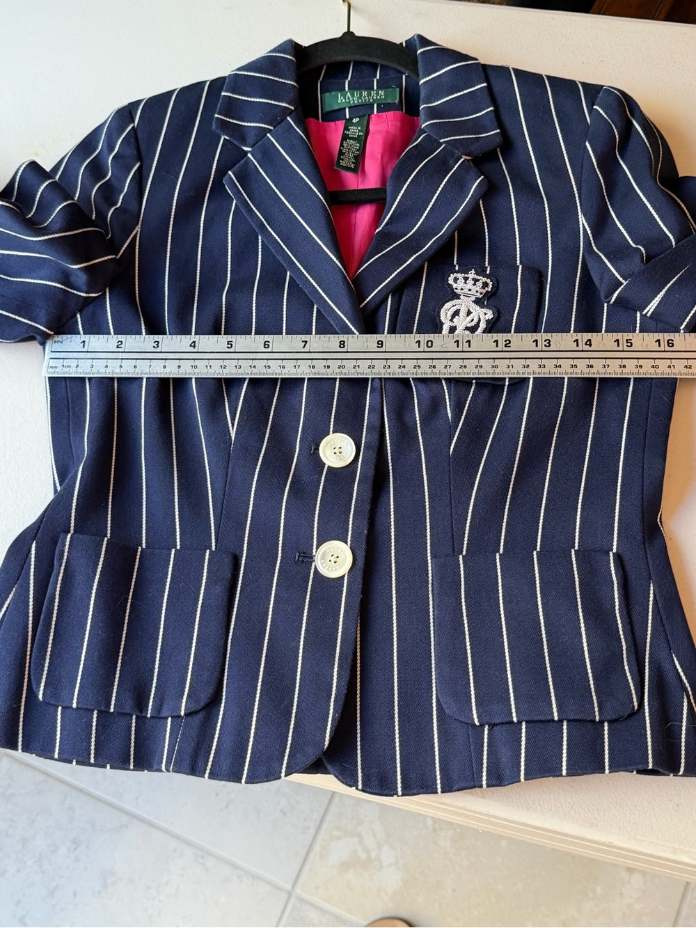 RALPH LAUREN Navy Pinstripe Crest Blazer Jacket Size 4P Preppy Equestrian