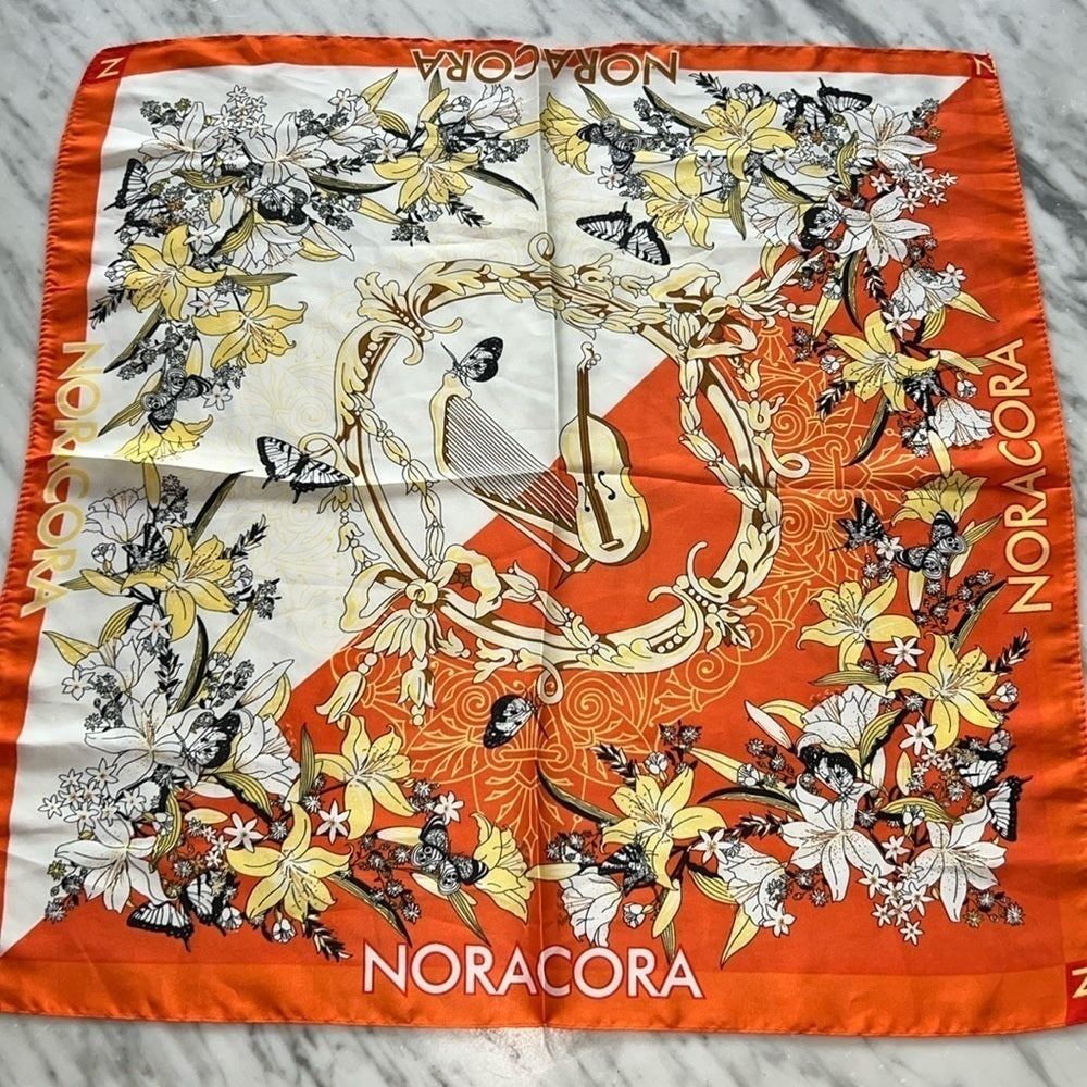 NORACORA Silk Scarf Orange Butterfly Music Print Square 21”