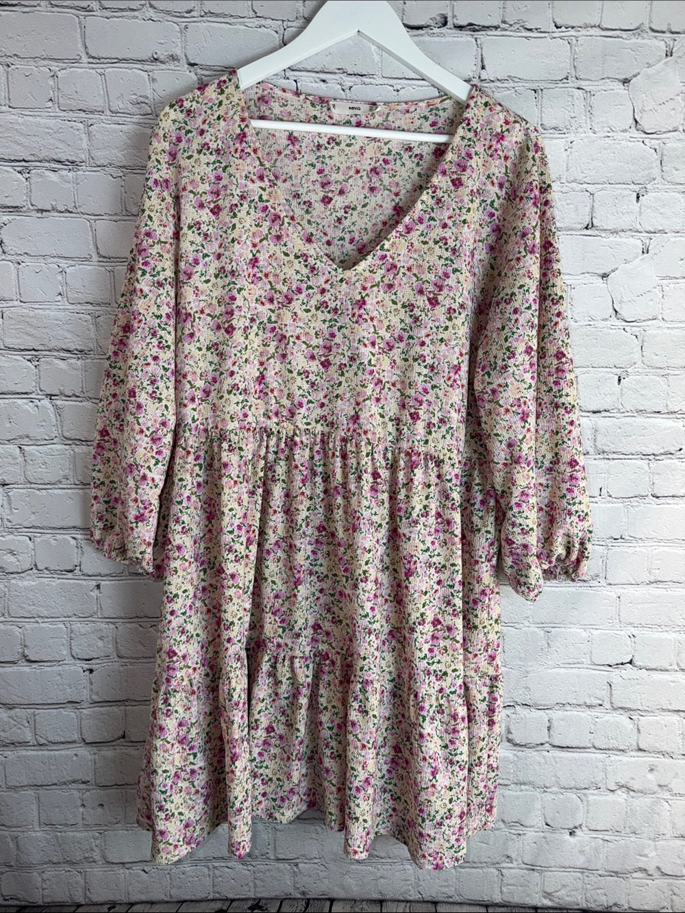MANGO Pink Ditsy Floral Mini Smock Dress Cream V Neck Tiered XL