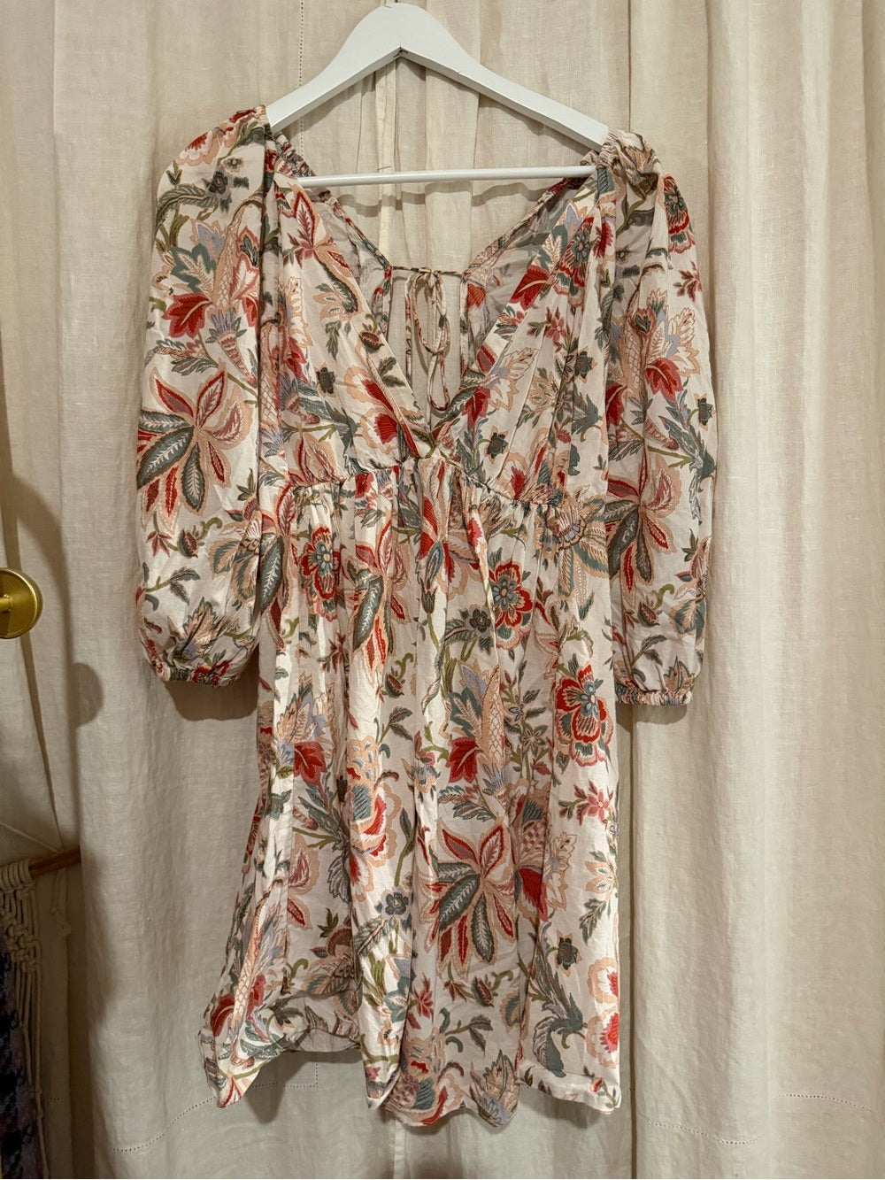 MANGO x CHUFY Floral Puff-Sleeve V-Neck Mini Dress in Cream and Red