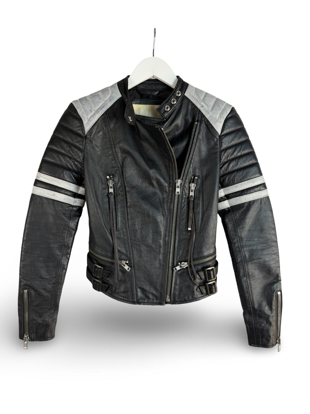 Rare Ralph Lauren Distressed Moto Leather Jacket Black/White Striped
