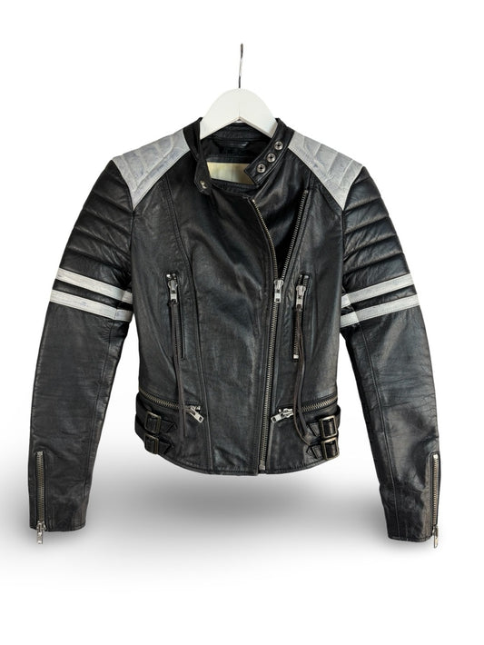 Rare Ralph Lauren Distressed Moto Leather Jacket Black/White Striped