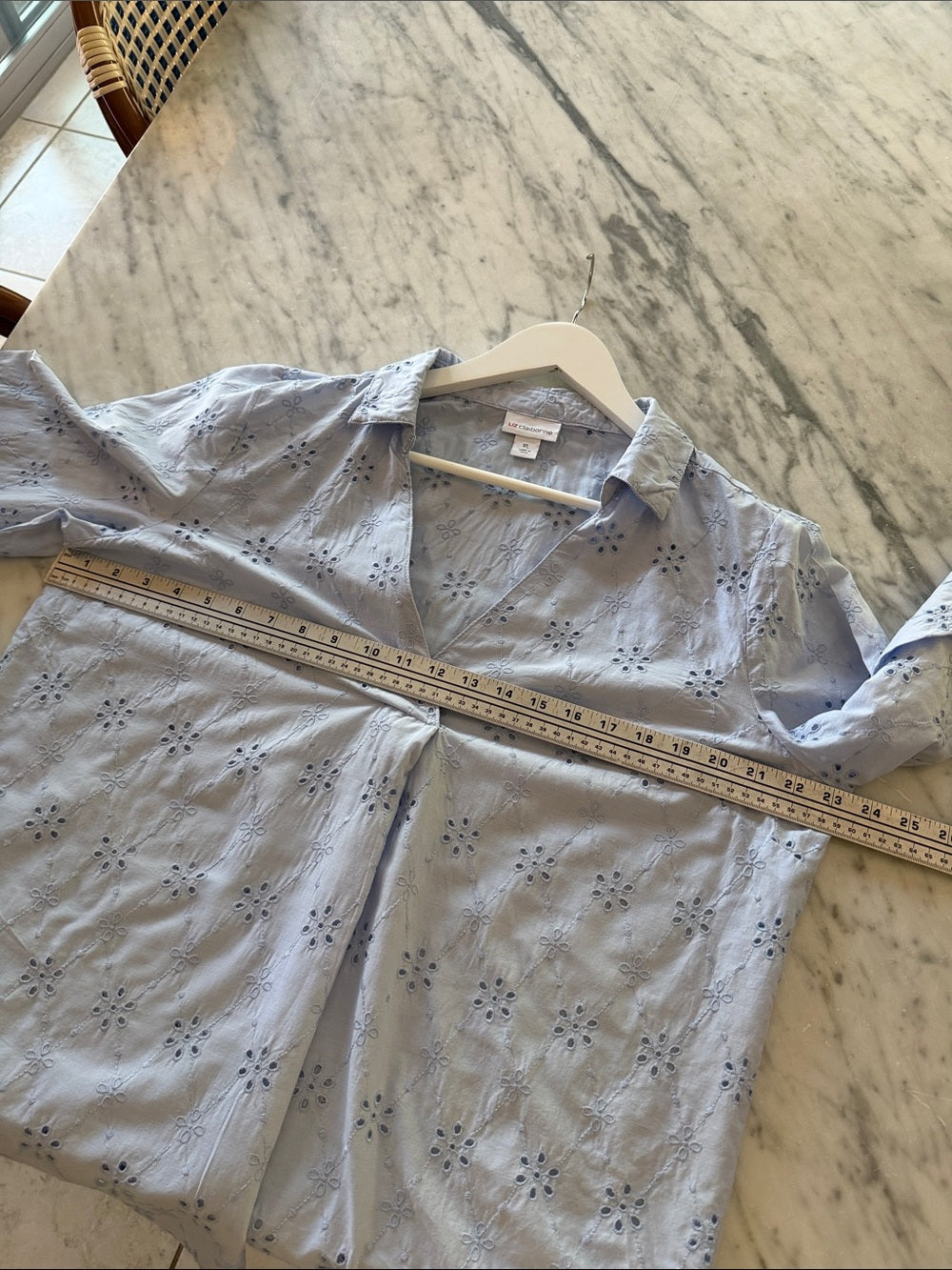 Lavender Blue Eyelet Embroidered Blouse V-Neck Scalloped Sleeve Top XL