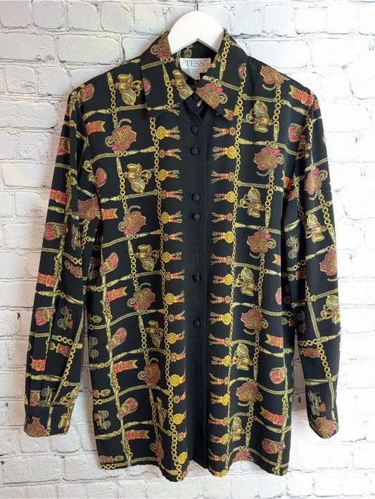 TESS Vintage Black Gold Chain Medallion Print Blouse Button Up M