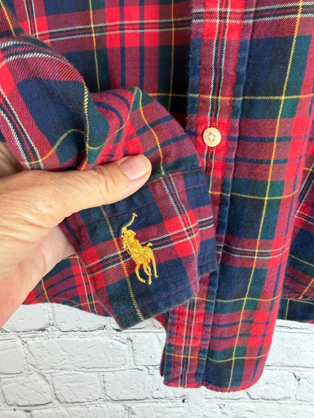 RALPH LAUREN SPORT Red Plaid Button Front Crest Logo Shirt Equestrian Prep 4