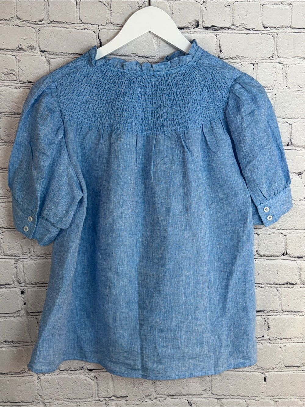 TALBOTS Smocked Yoke Short Sleeve Top - Light Blue
