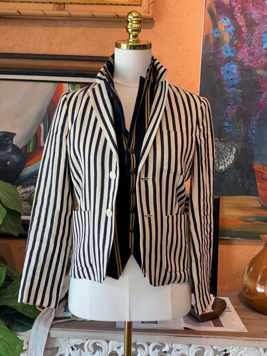 RUGBY RALPH LAUREN Linen Blazer Navy Cream Striped Preppy Jacket Size 2
