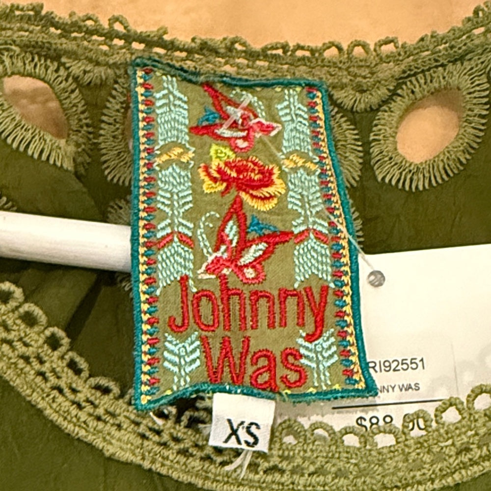 JOHNNY WAS LALLA Green Embroidered Eyelet Tunic Mini Dress Size XS