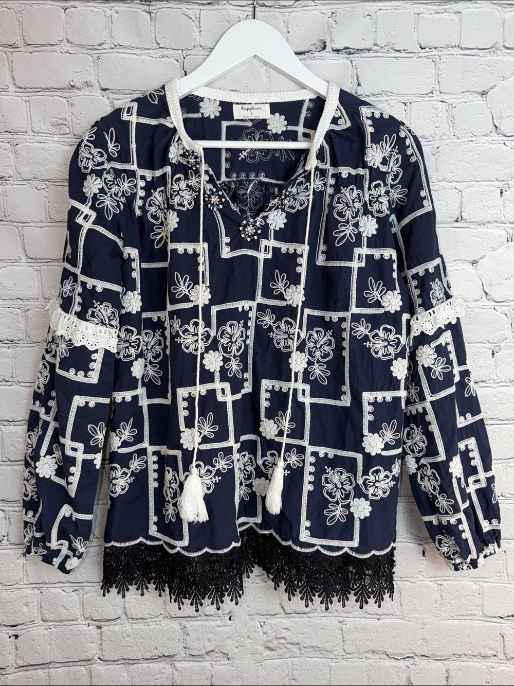 SAPPHIRE Navy Embroidered Peasant Tunic with Tassel Ties