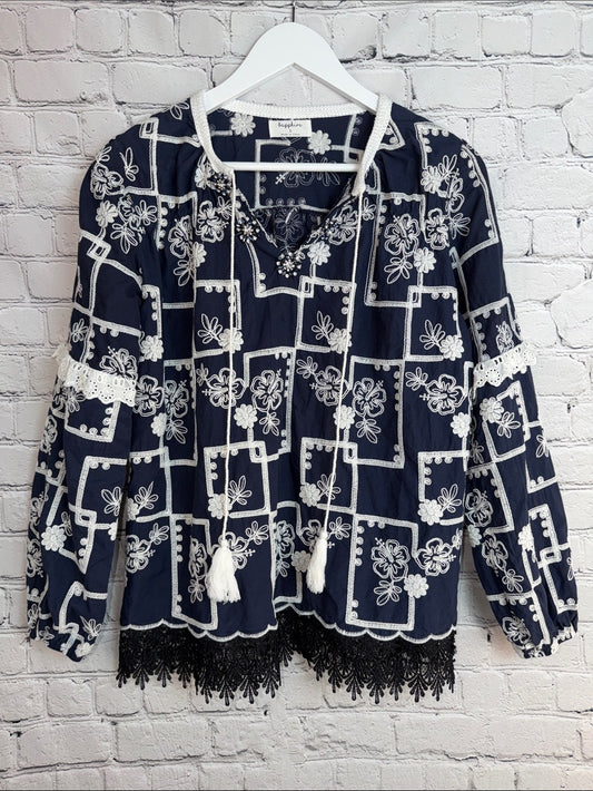 SAPPHIRE Navy Embroidered Peasant Tunic with Tassel Ties