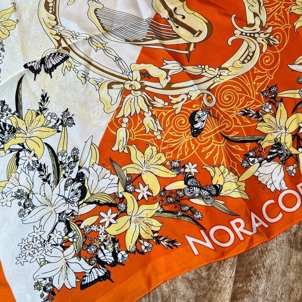 NORACORA Silk Scarf Orange Butterfly Music Print Square 21”