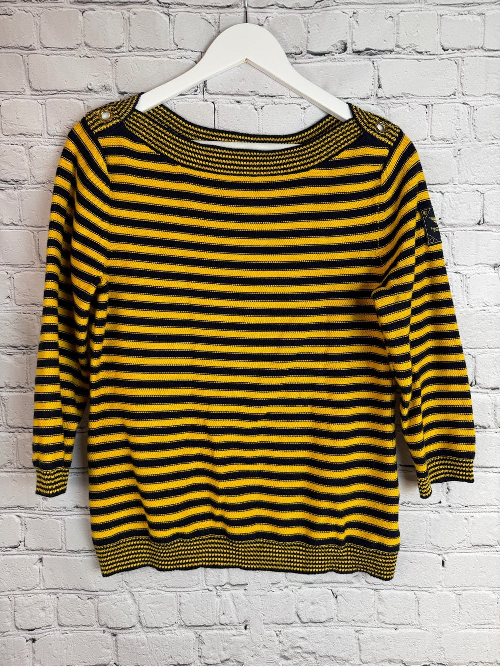 LRL Lauren Jeans Co Ribbed Striped Sweater Patches Crest LogoBoat Neck