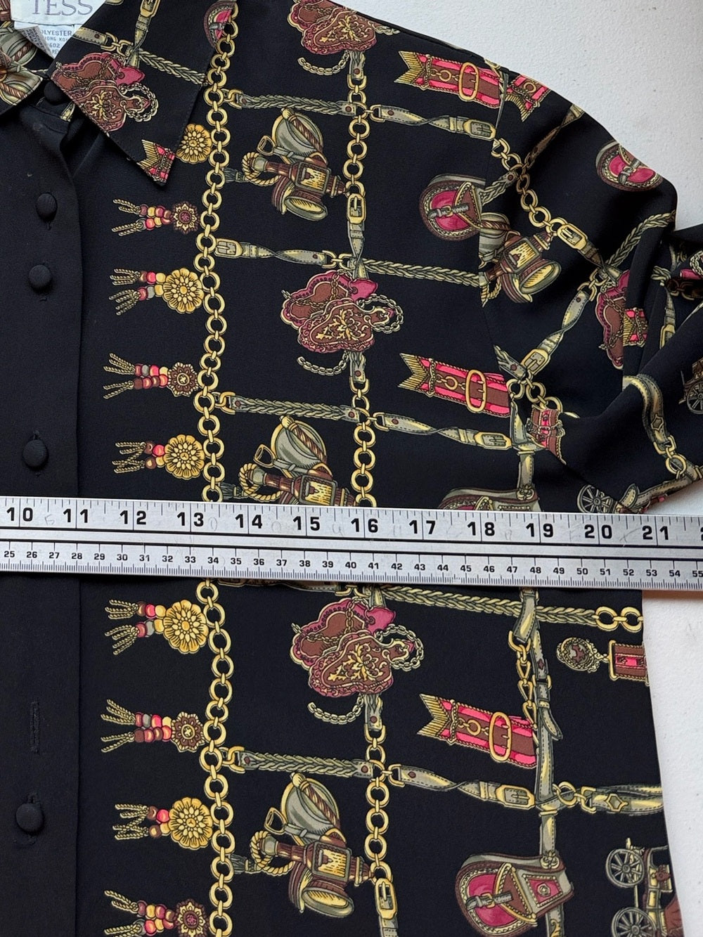 TESS Vintage Black Gold Chain Medallion Print Blouse Button Up M