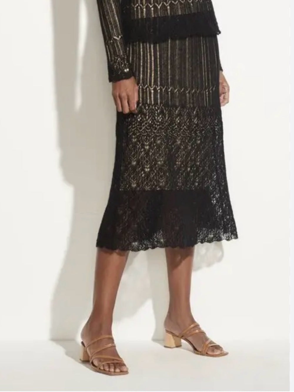 VINCE Black Knit Skirt Cotton Mohair Blend Lace Hem Pull On Midi Size M