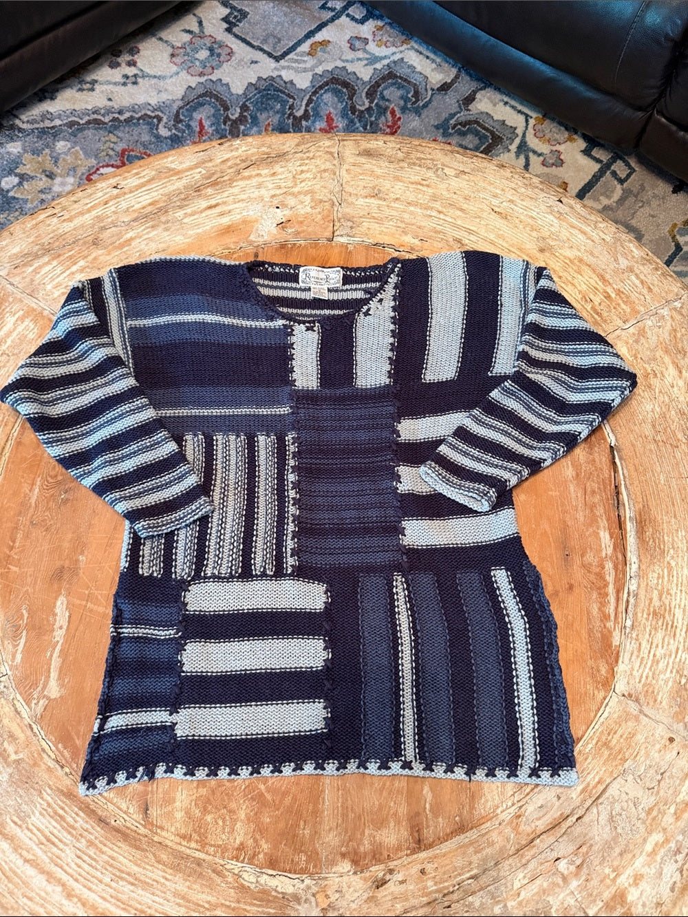 VINTAGE Patchwork Stripe Crewneck Sweater in Navy and Light Blue